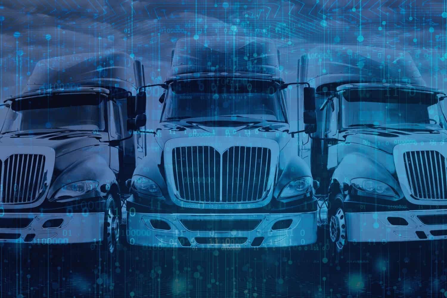 Three over-the-road freight trucks parked side-by-side with digital connectivity overlay