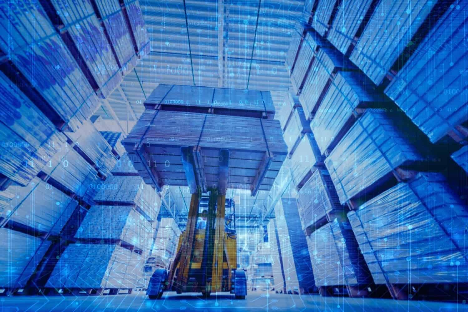 A forklift carrying pallets of goods in a large warehouse
