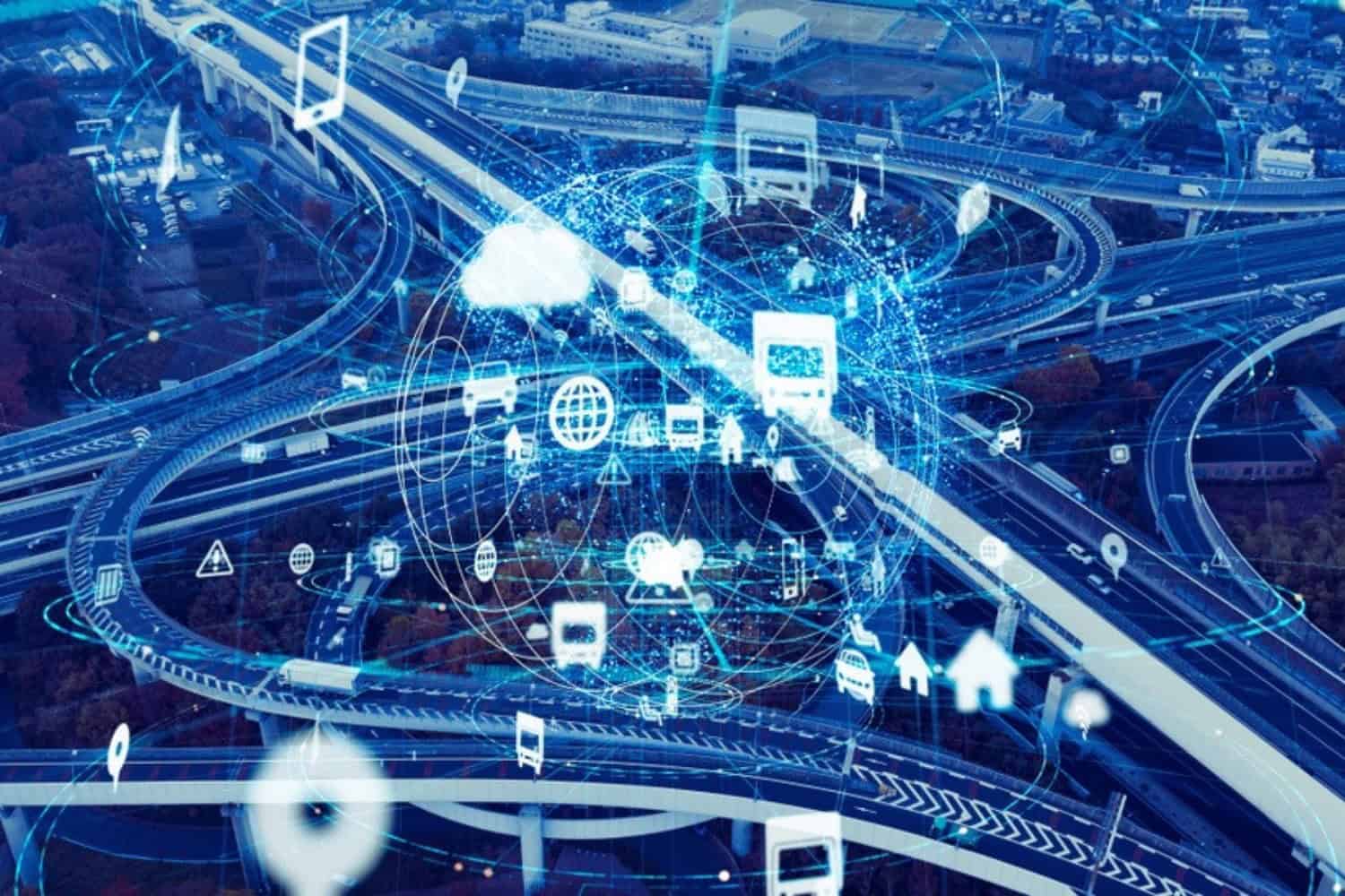 Concept of digital freight management technology above a highway