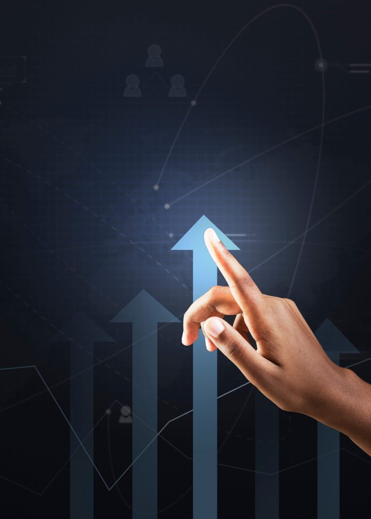 Upward arrow icon representing business growth and digital transformation in technology solutions.