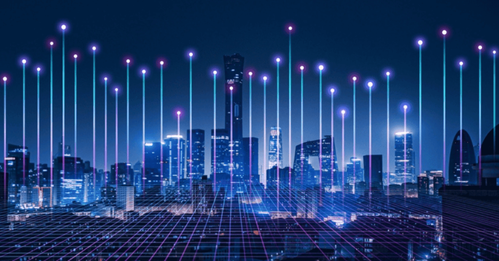 Data connectivity and technology infrastructure in a futuristic cityscape with glowing grid lines and digital light poles.