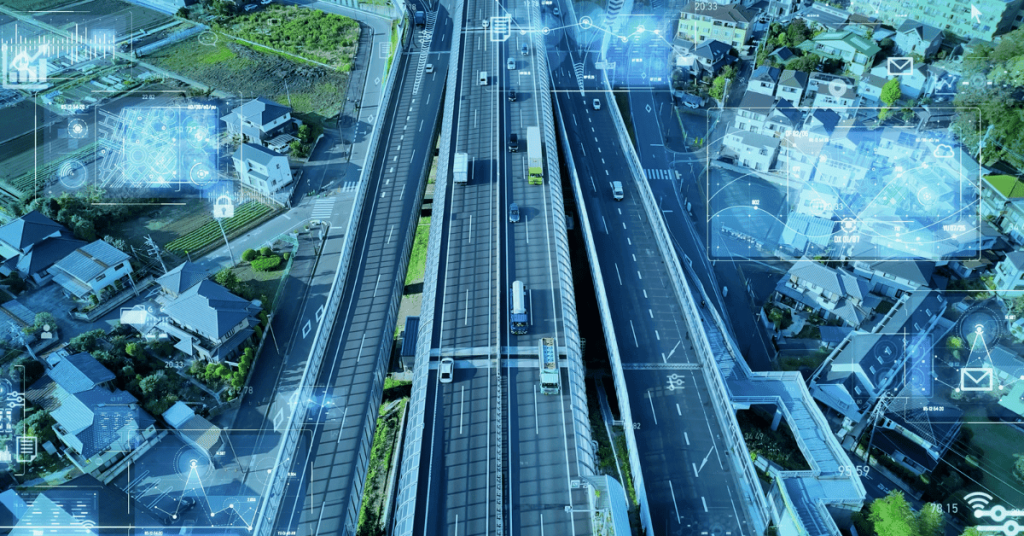 Aerial view of highway with digital freight information displayed