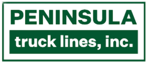 PENINSULA TRUCK LINES INC. logo on green background, associated with logistics and transportation services in the trucking industry.