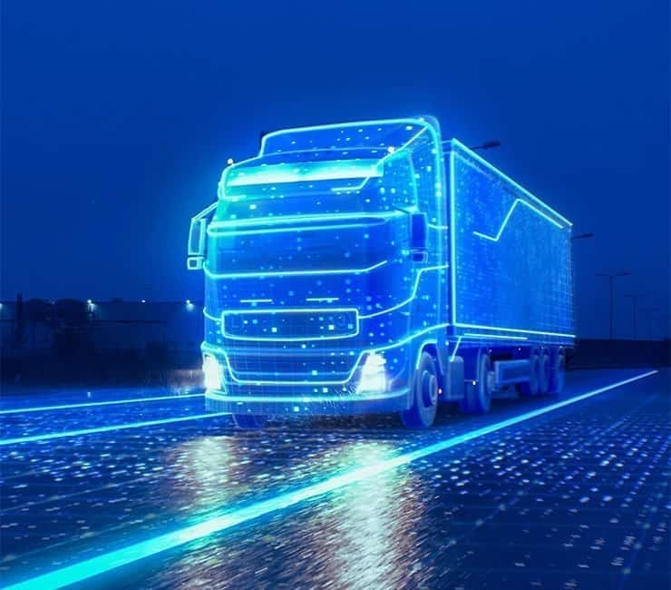 Connected digital truck illustrating advanced supply chain logistics and transportation technology.