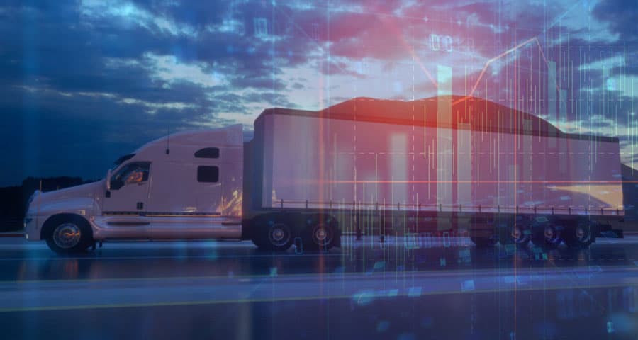 Futuristic digital overlay on freight truck for supply chain and logistics technology solutions.