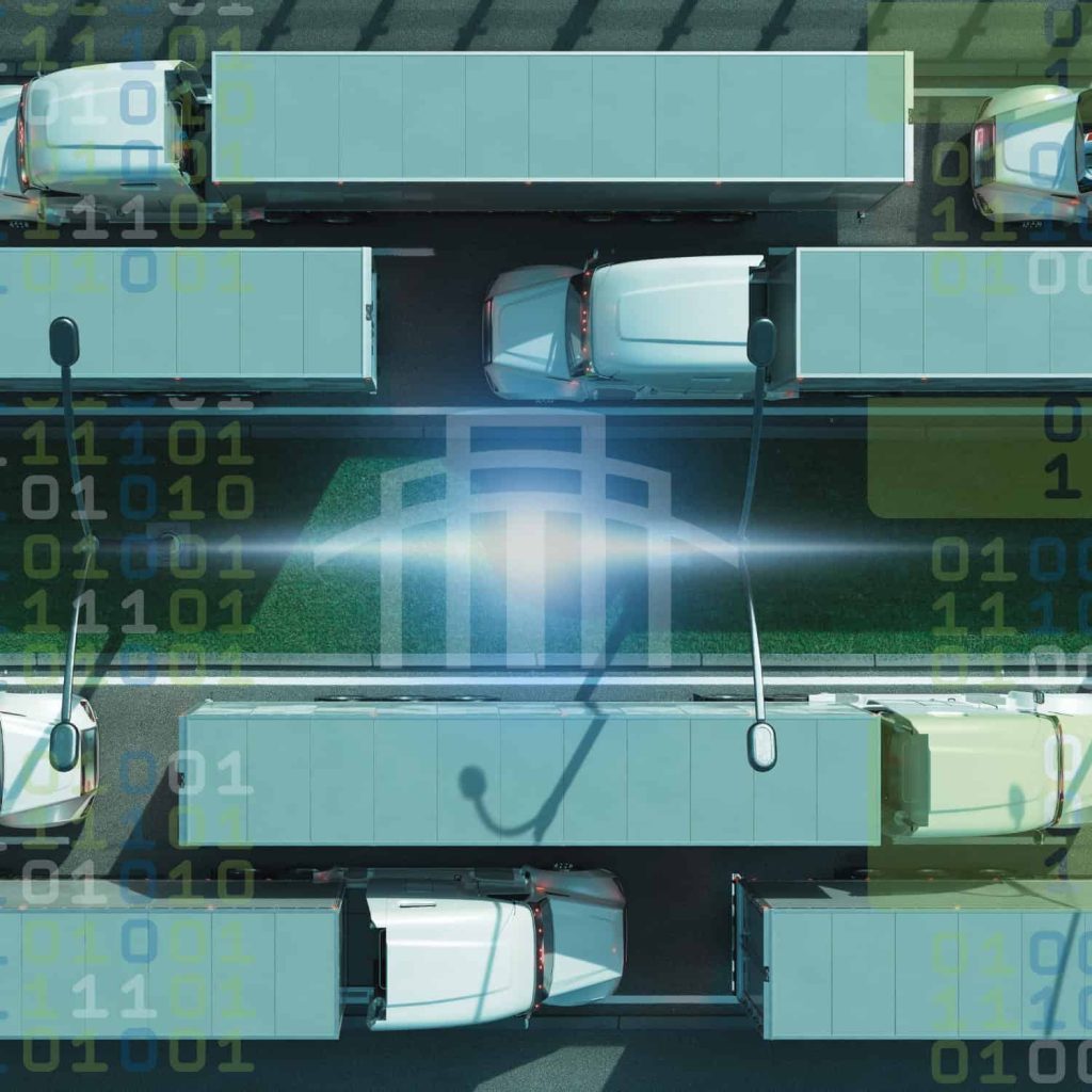 Connected fleet of delivery trucks with digital overlay and cybersecurity shield, symbolizing logistics technology and data security solutions.