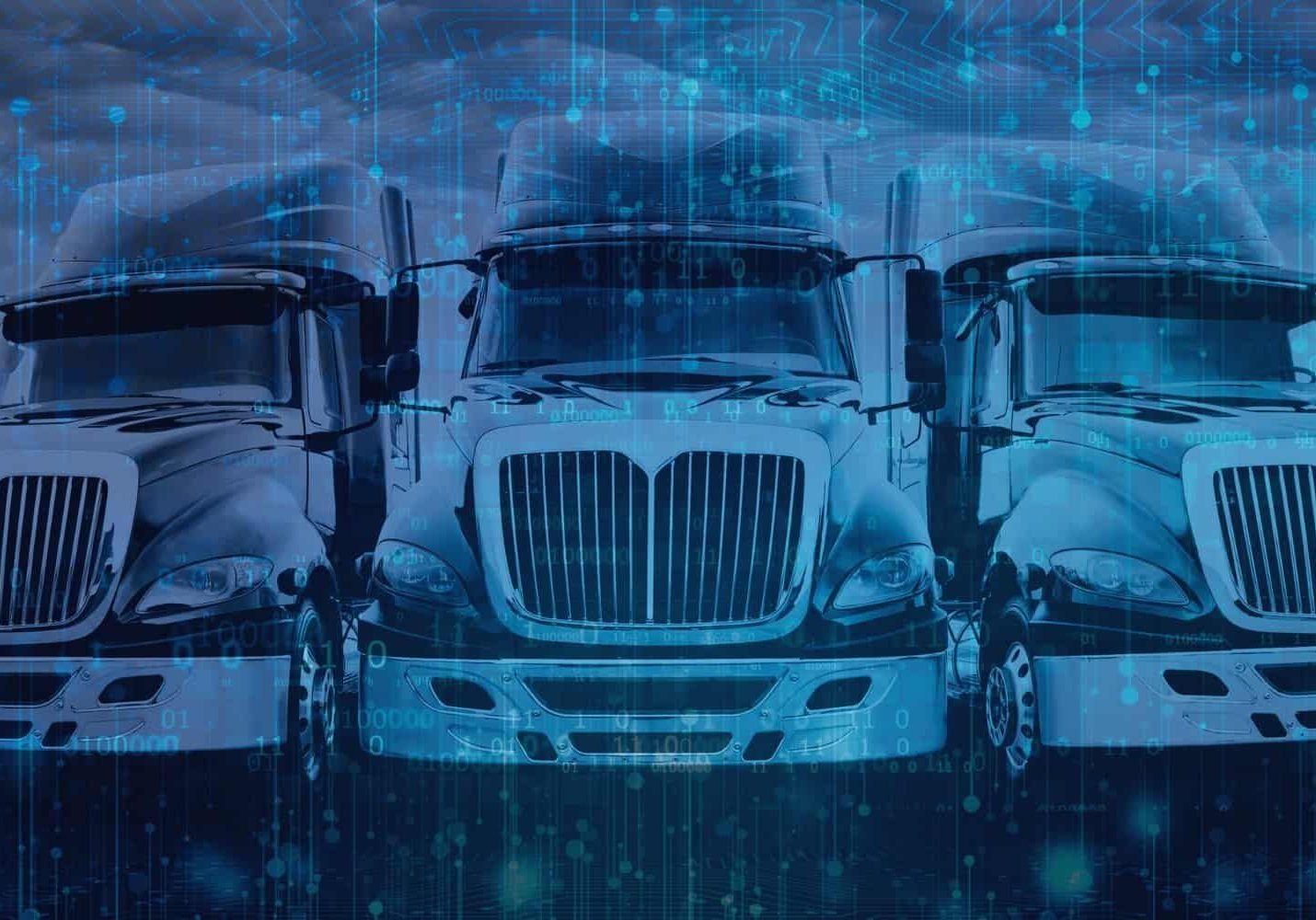 Three over-the-road freight trucks parked side-by-side with digital connectivity overlay